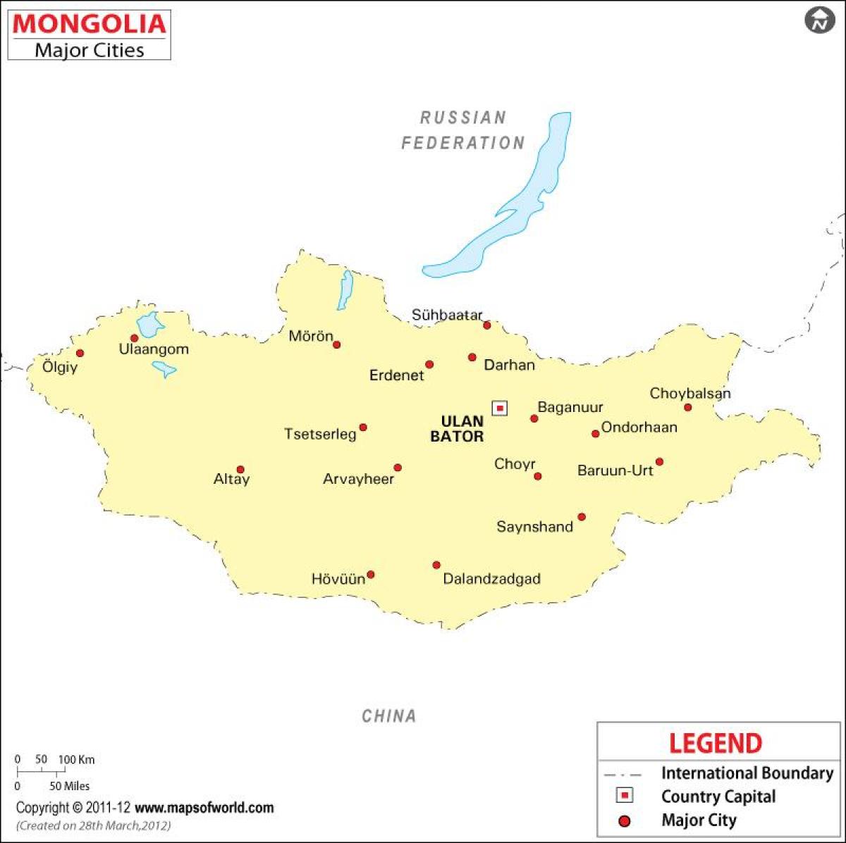Mongolian kartta, jossa kaupungit